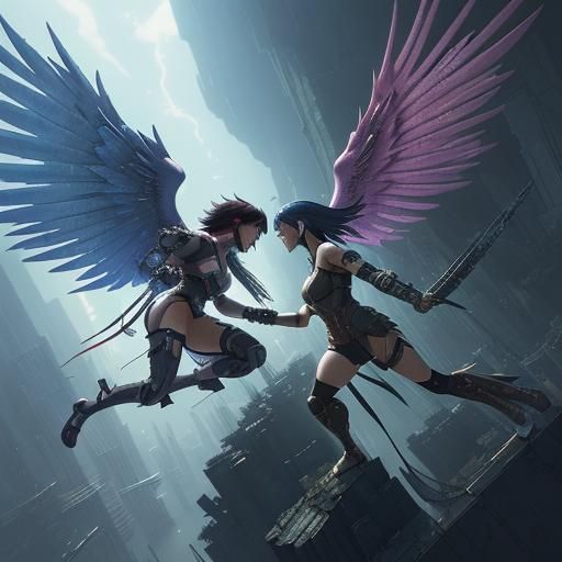 Cyberpunk Winged Warriors Battle in Anime Style