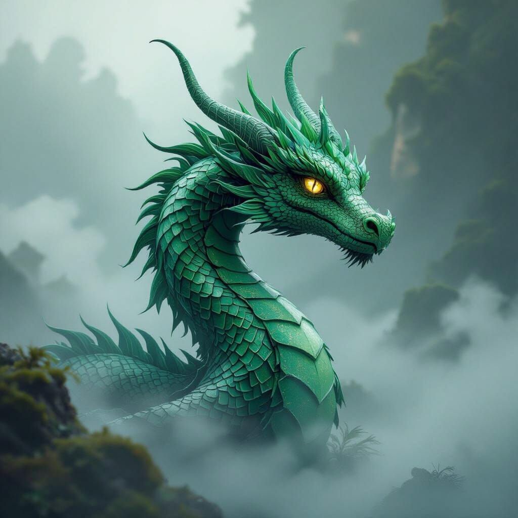 Emerald Dragon in Mystical Landscape: Digital Art