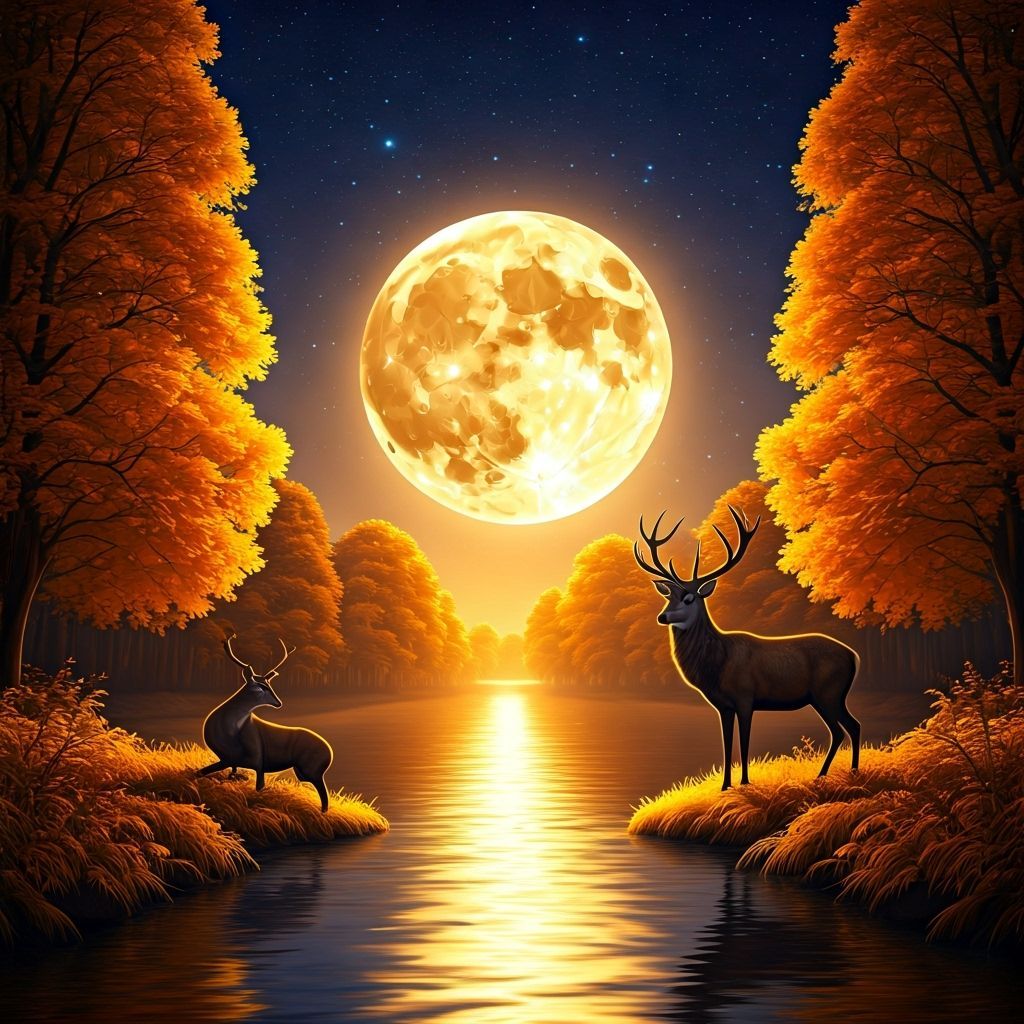 Magical Moonlit Landscape with Stags and Golden River
