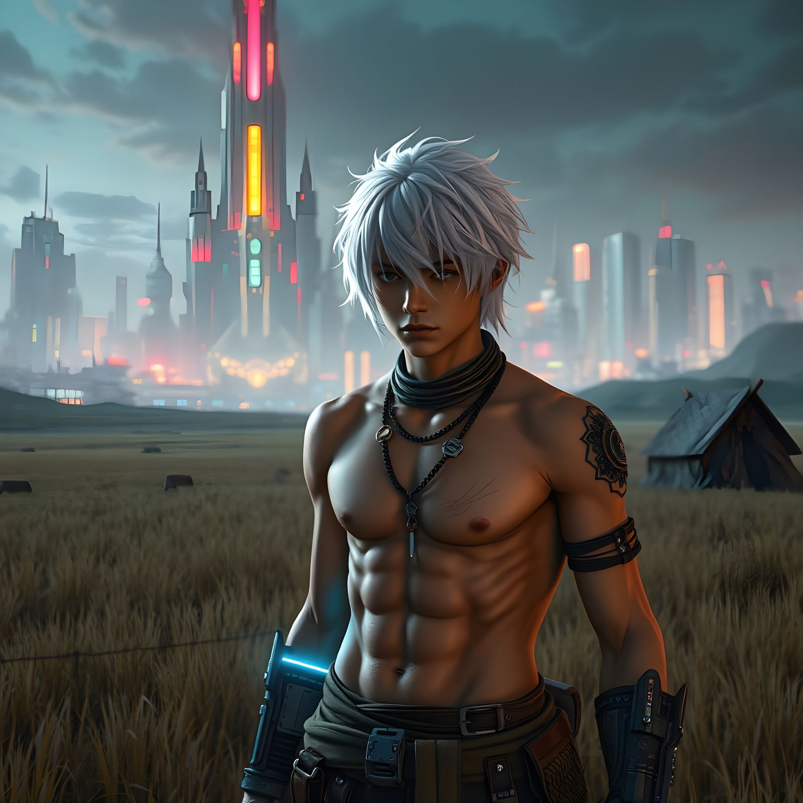 Cyberpunk Nomad in Prairie Camp with Distant City