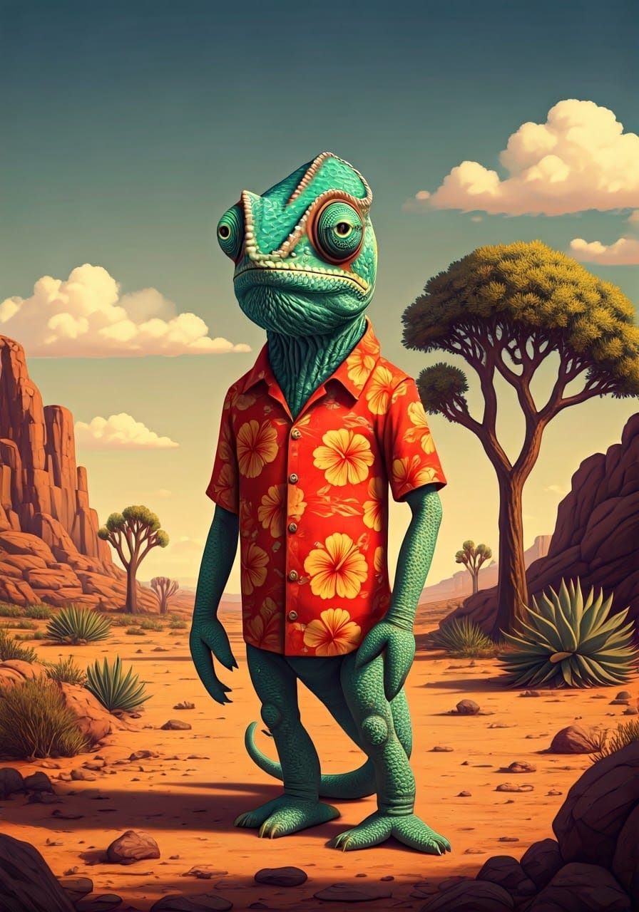 Surreal Chameleon in Hawaiian Shirt, Desert Landscape