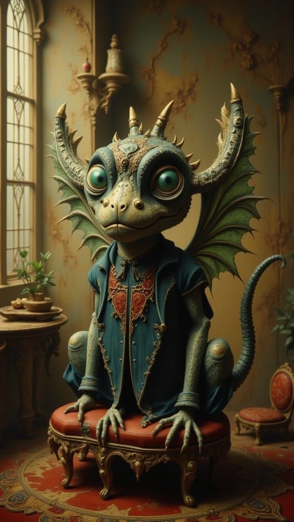 Delicate Monster in Vintage Attire, Oil Painting Style