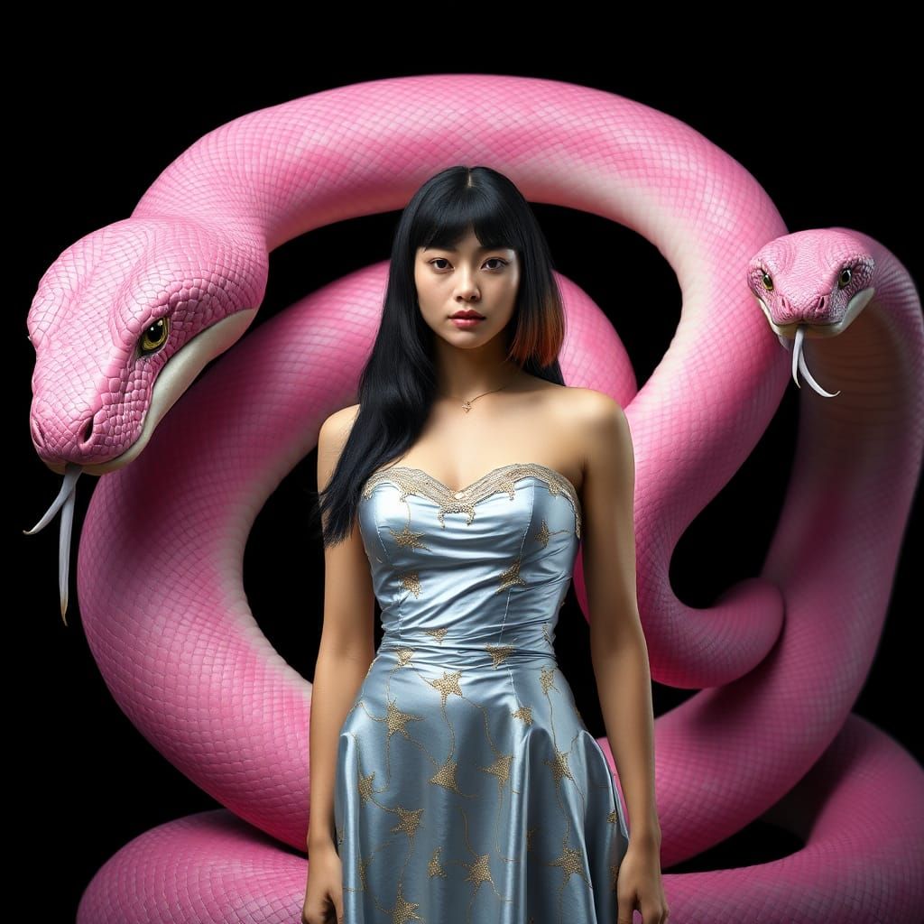 Woman and Majestic Pink Snake: Fantasy Art