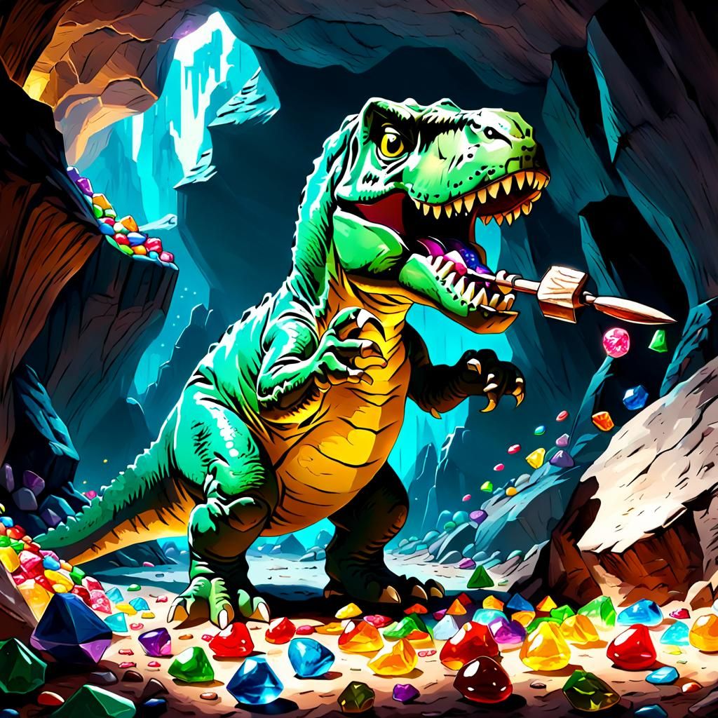 T-Rex Chipping Candy Gems in Cave