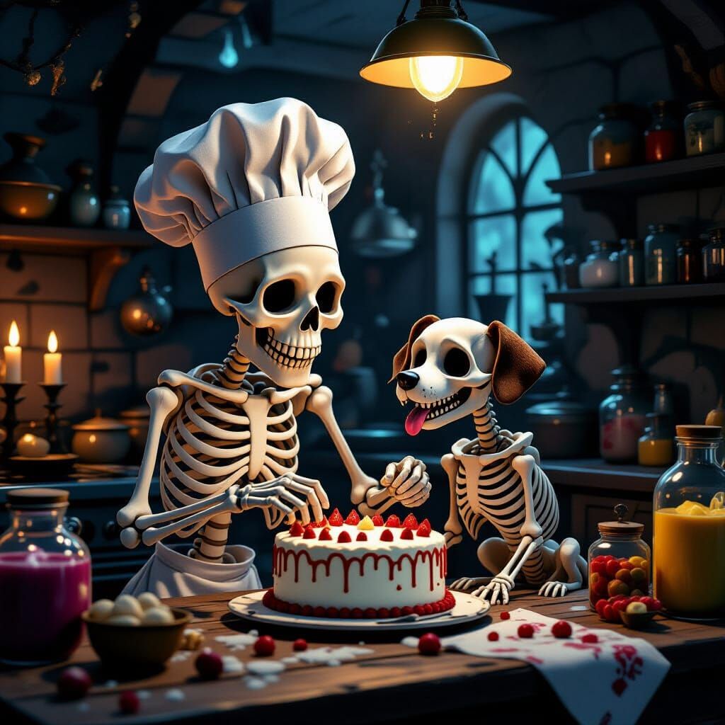 Skeleton Chef Bakes Cake for Bone Dog in Gothic Kitchen