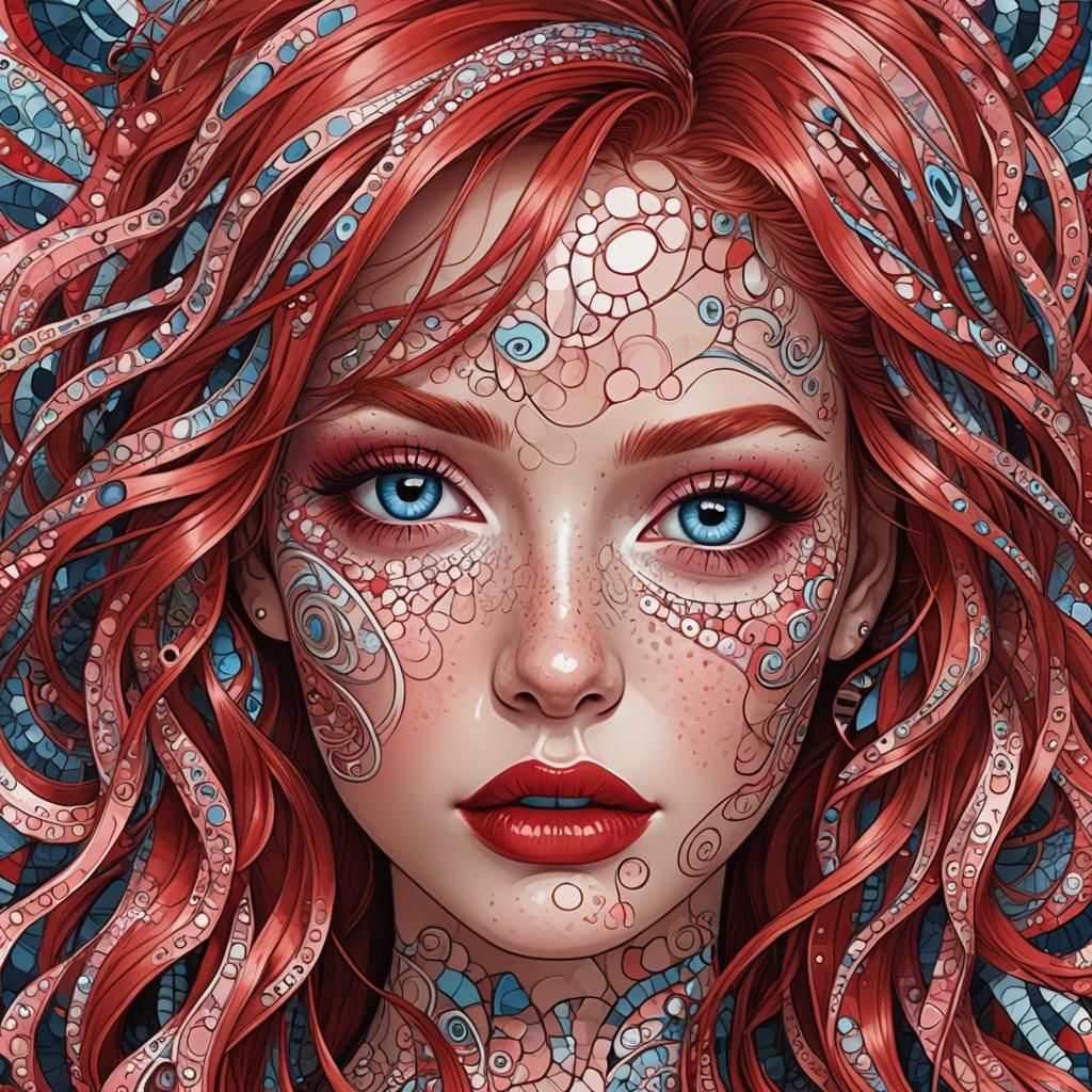 Woman with Red Hair and Freckles in Abstract Style