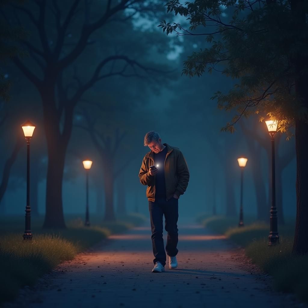 Man Texting in Park at Night, Photorealistic Concept Art