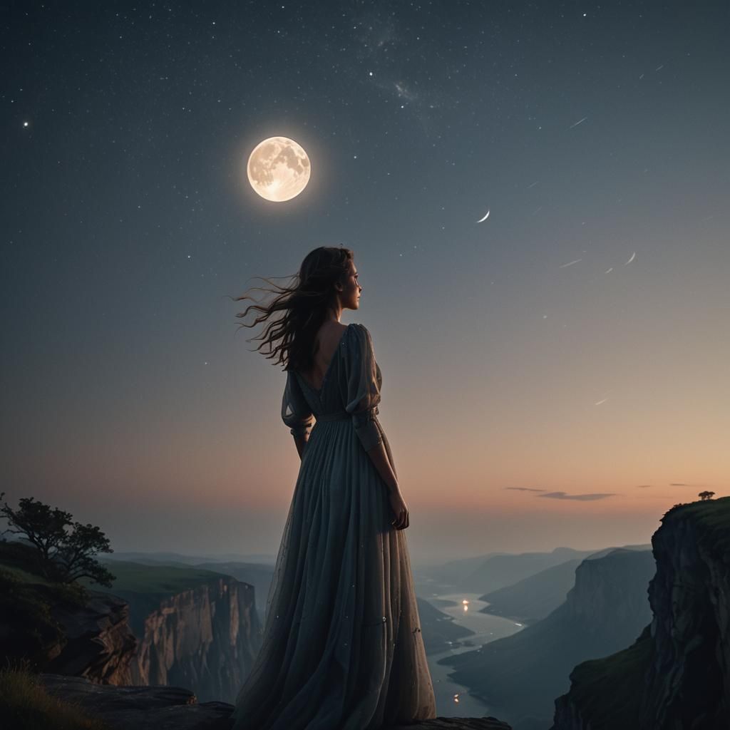Woman Gazing at Moonlit Night Sky