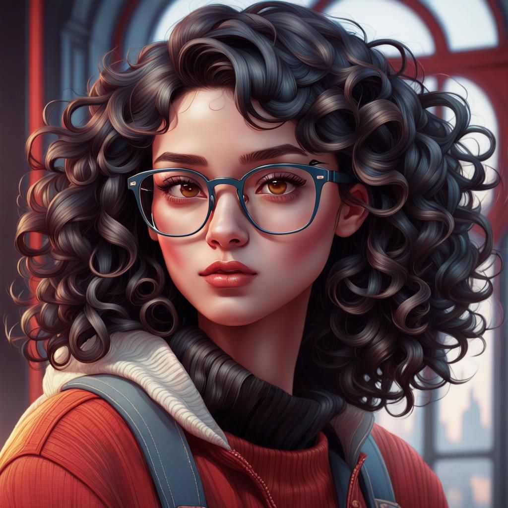 Girl with Black Hair and Red Glasses: Artstation Portrait