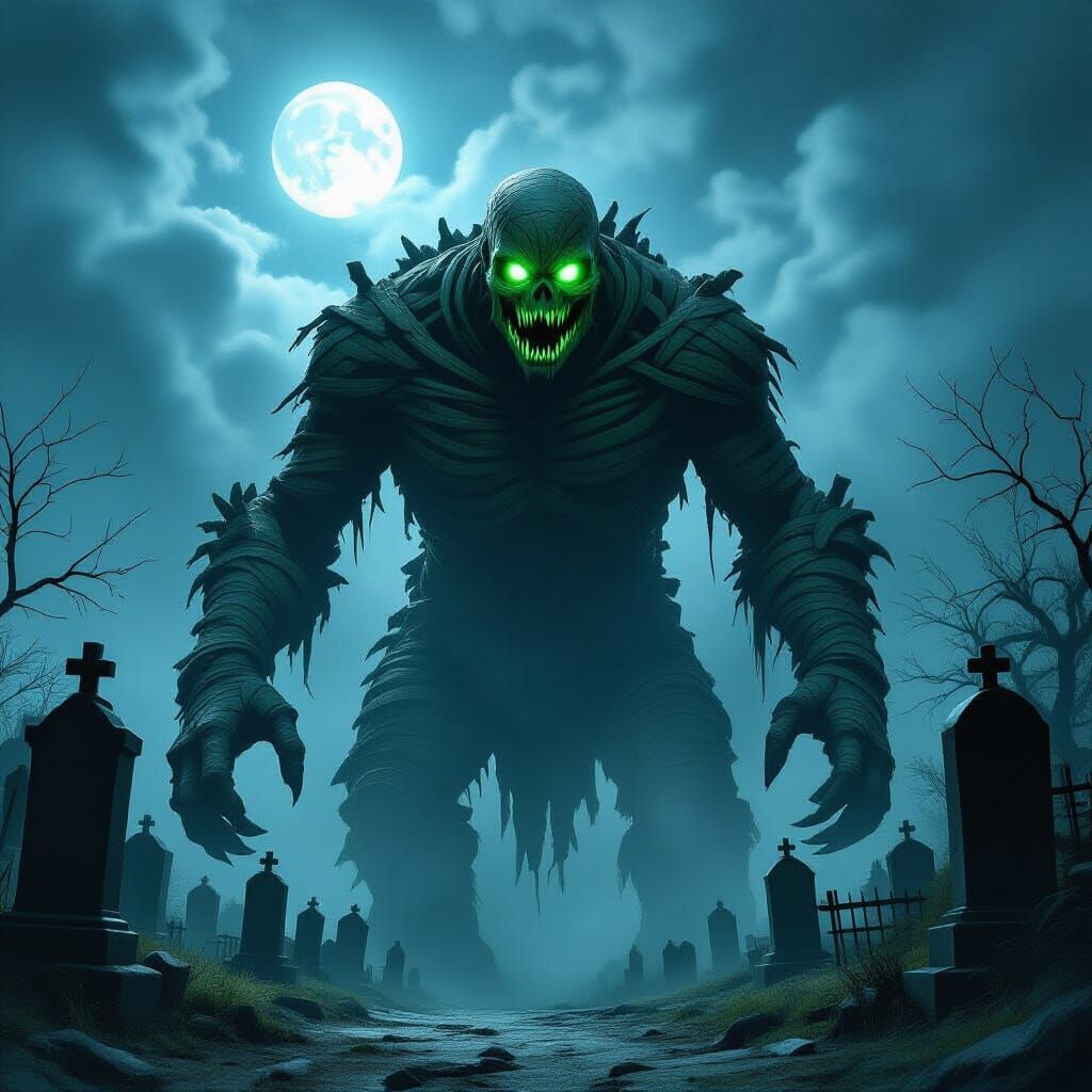 Colossal Mummified Monster in Haunted Graveyard