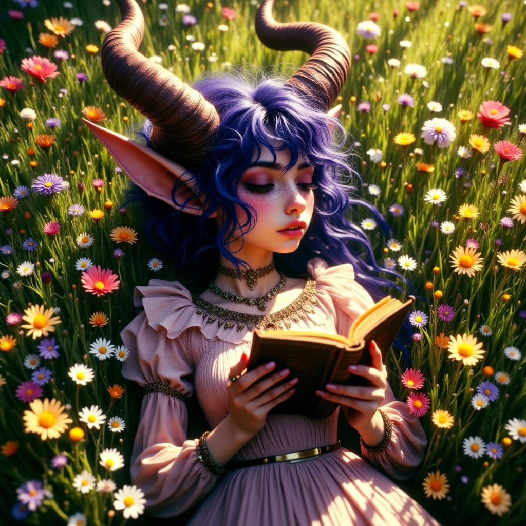 Whimsical Fantasy Tiefling in a Vibrant Meadow