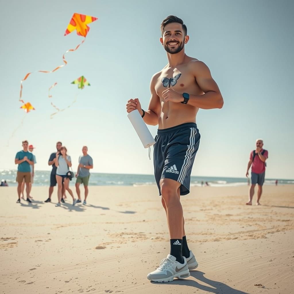 Athletic Man on Beach Flying Kites at Dawn