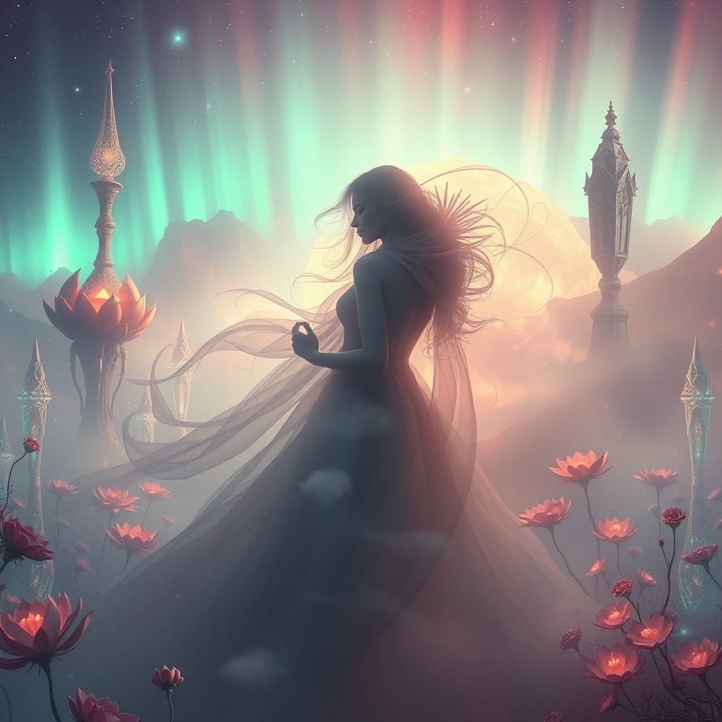 Ethereal Woman in Resplendent, Mystical Landscape