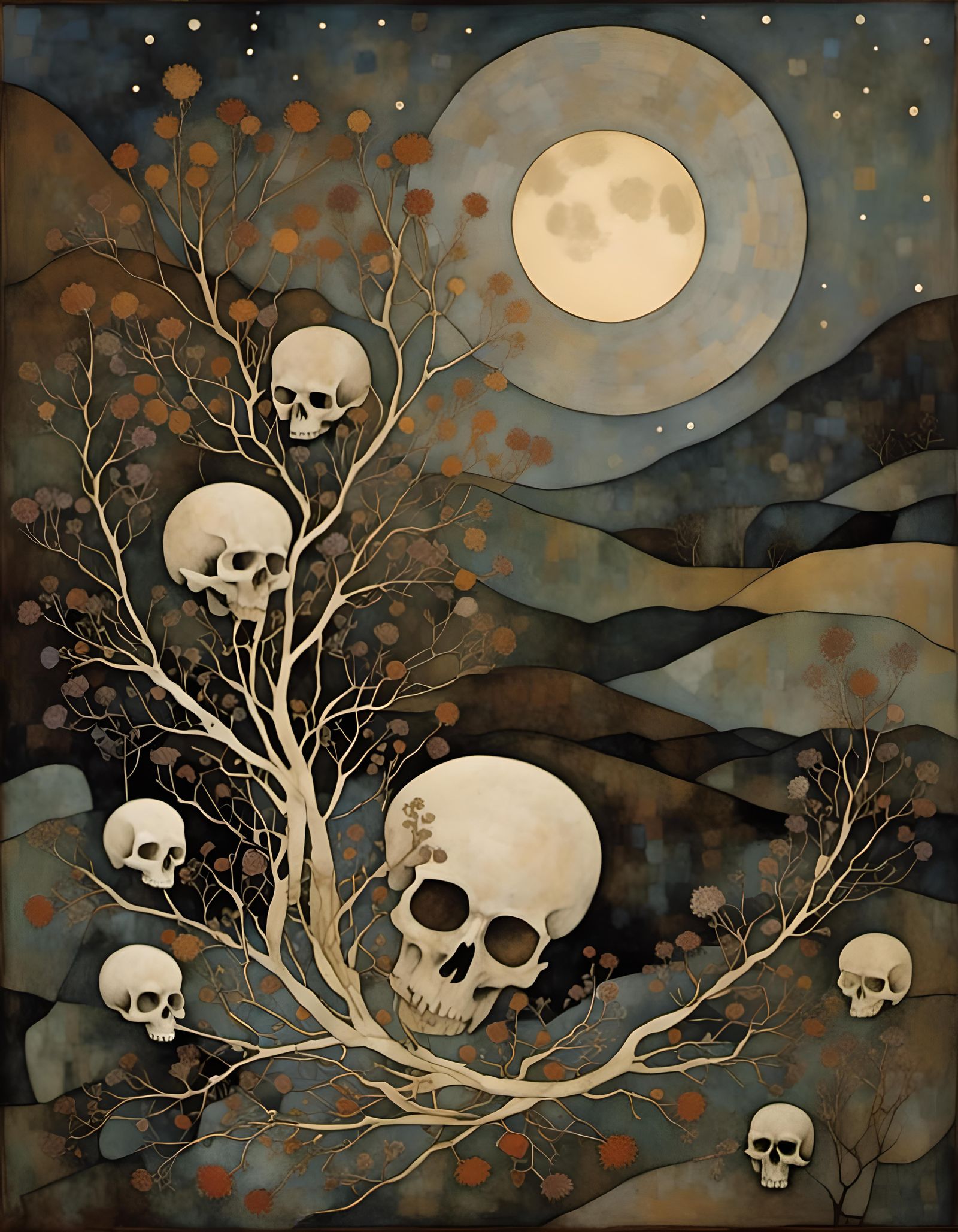 Sepia Skull Moon Over Strange Landscape