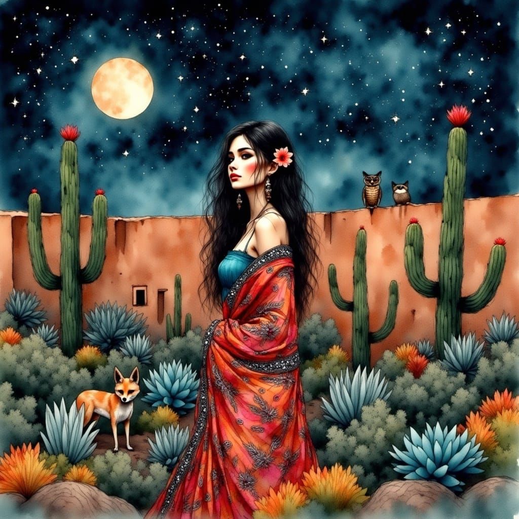 Mystical Desert Siren Surrounded by Vibrant Succulents and C...