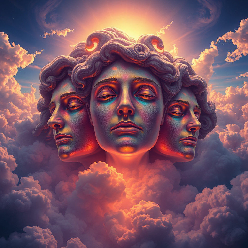 Surreal Faces of Heaven in Dreamlike Landscape