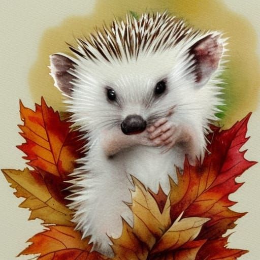 Cute White Hedgehog in Autumn Watercolor Painting