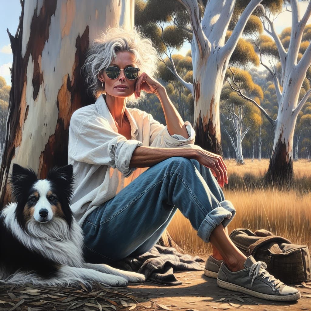 Impressionistic Woman with Dog in Australian Bush