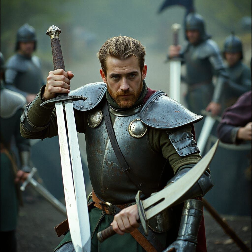 Heroic Warrior in Battle Armor with Falcata Swords