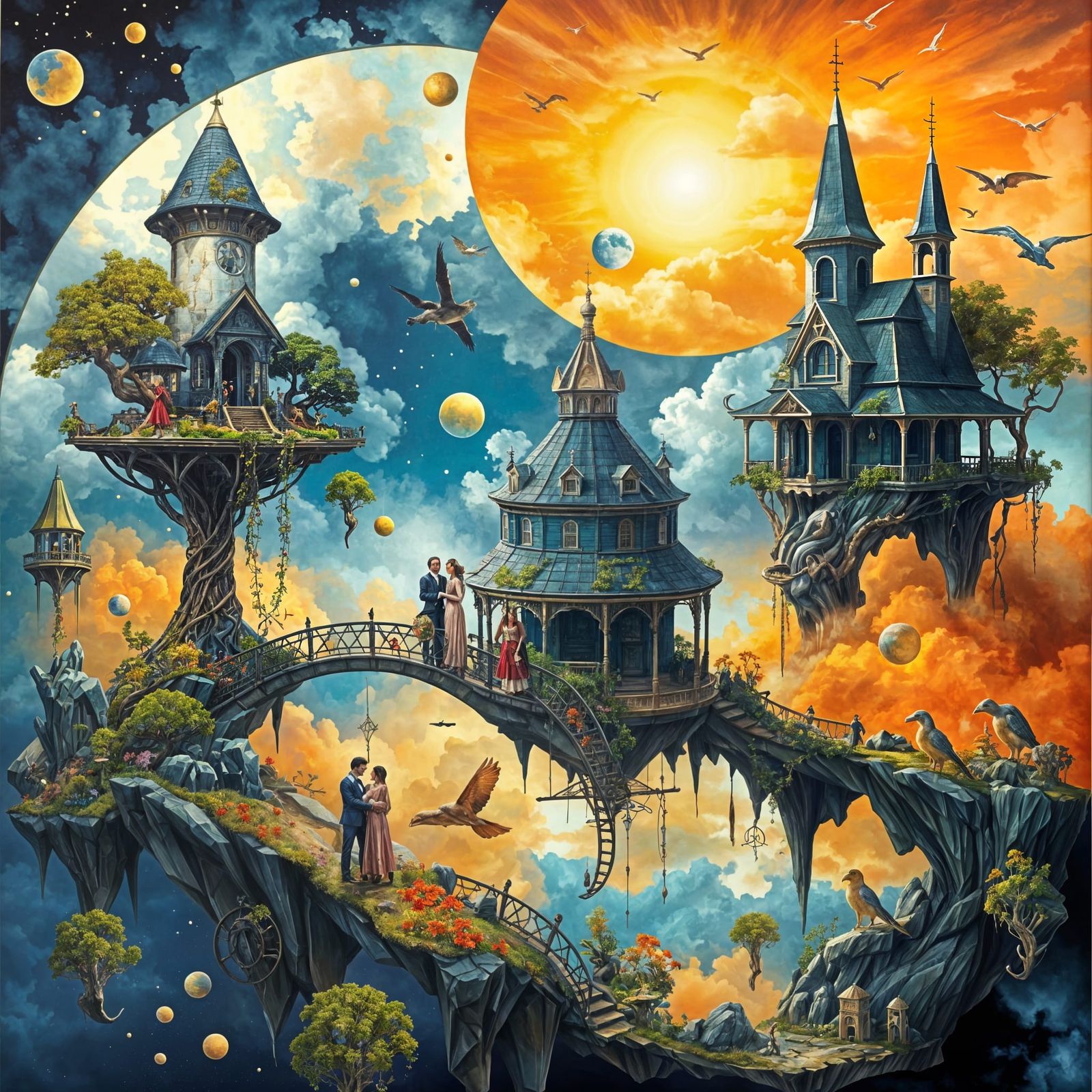 Surreal Dreamscape with Floating Islands and Ancient Bonsai