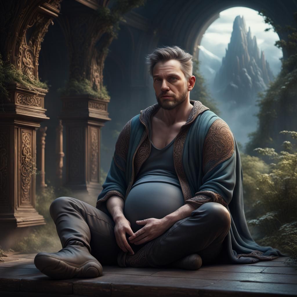 Pregnant Man Sitting: Detailed Fantasy Concept Art