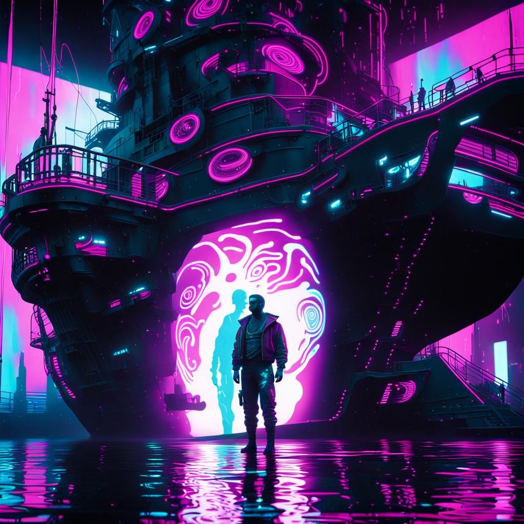 Neon Sailor on Pirate Ship in Cyberpunk Style