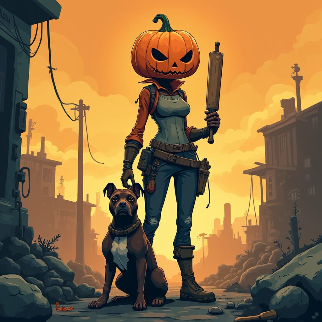 Pumpkin-Headed Woman in Fallout Landscape: Vector Art