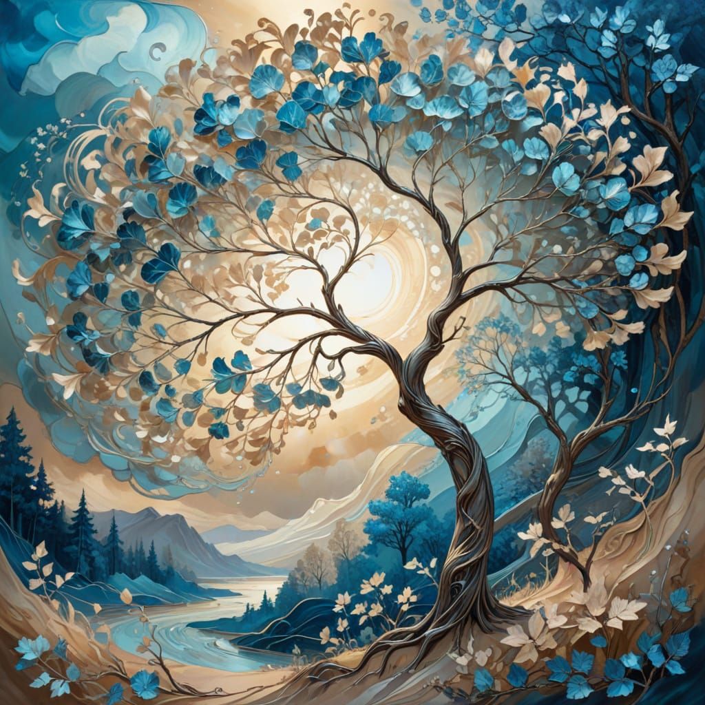 Art Nouveau Forest Scene With Wind-Swept Tree