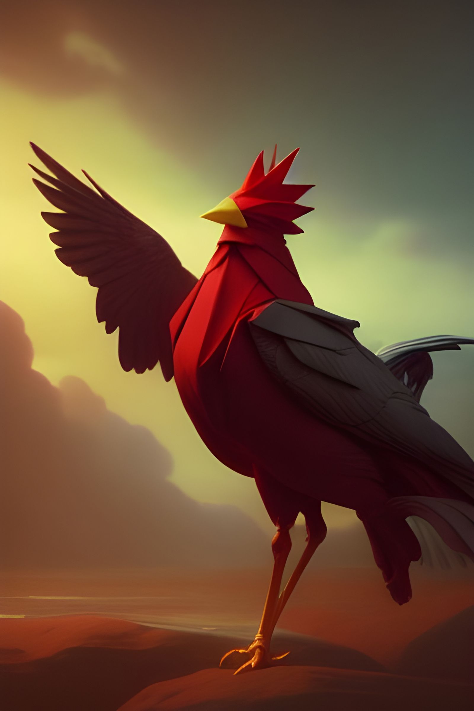 Detailed Origami Red Rooster in Pâte de Verre Style