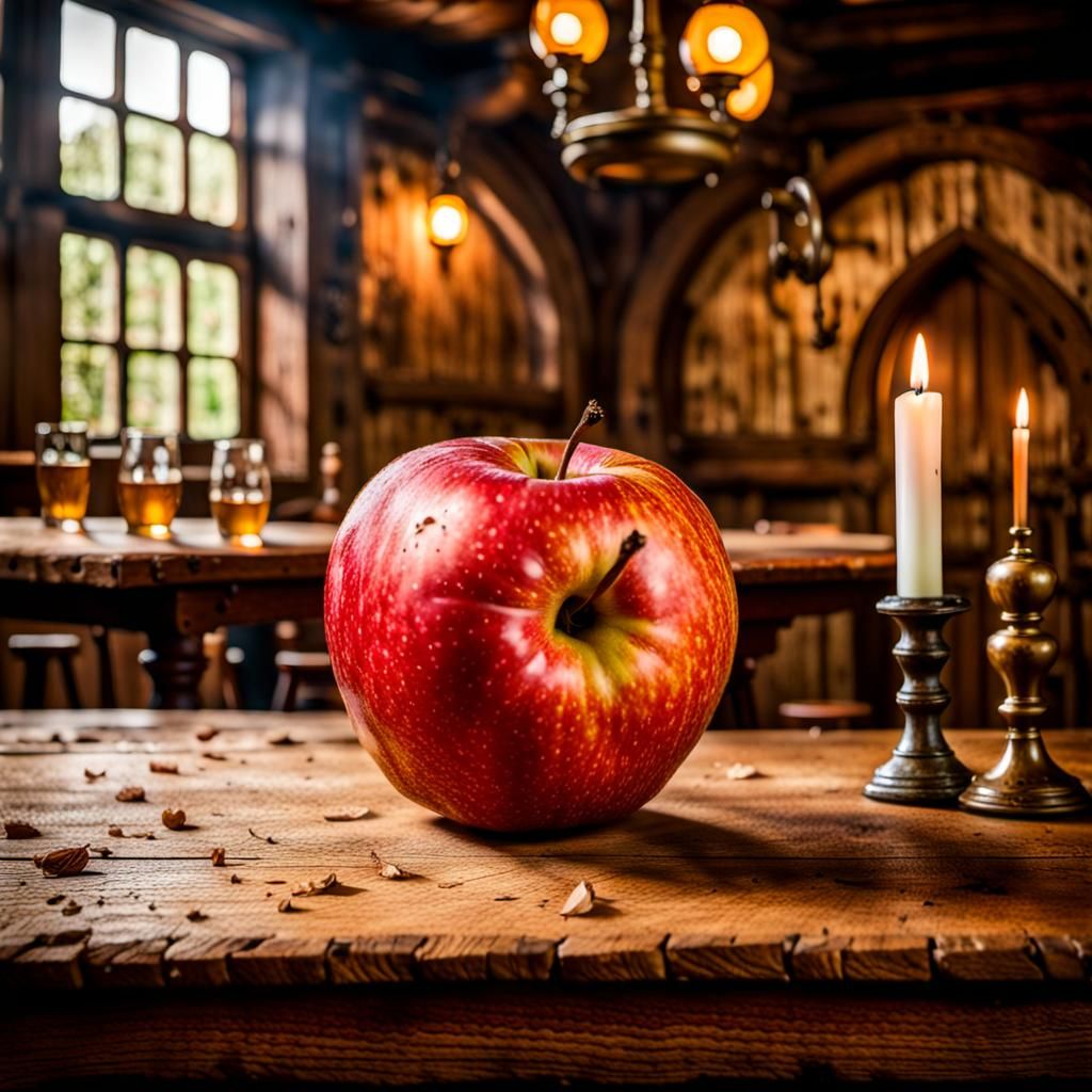 Tavern Still Life: Imperfect Apple on Oak Table