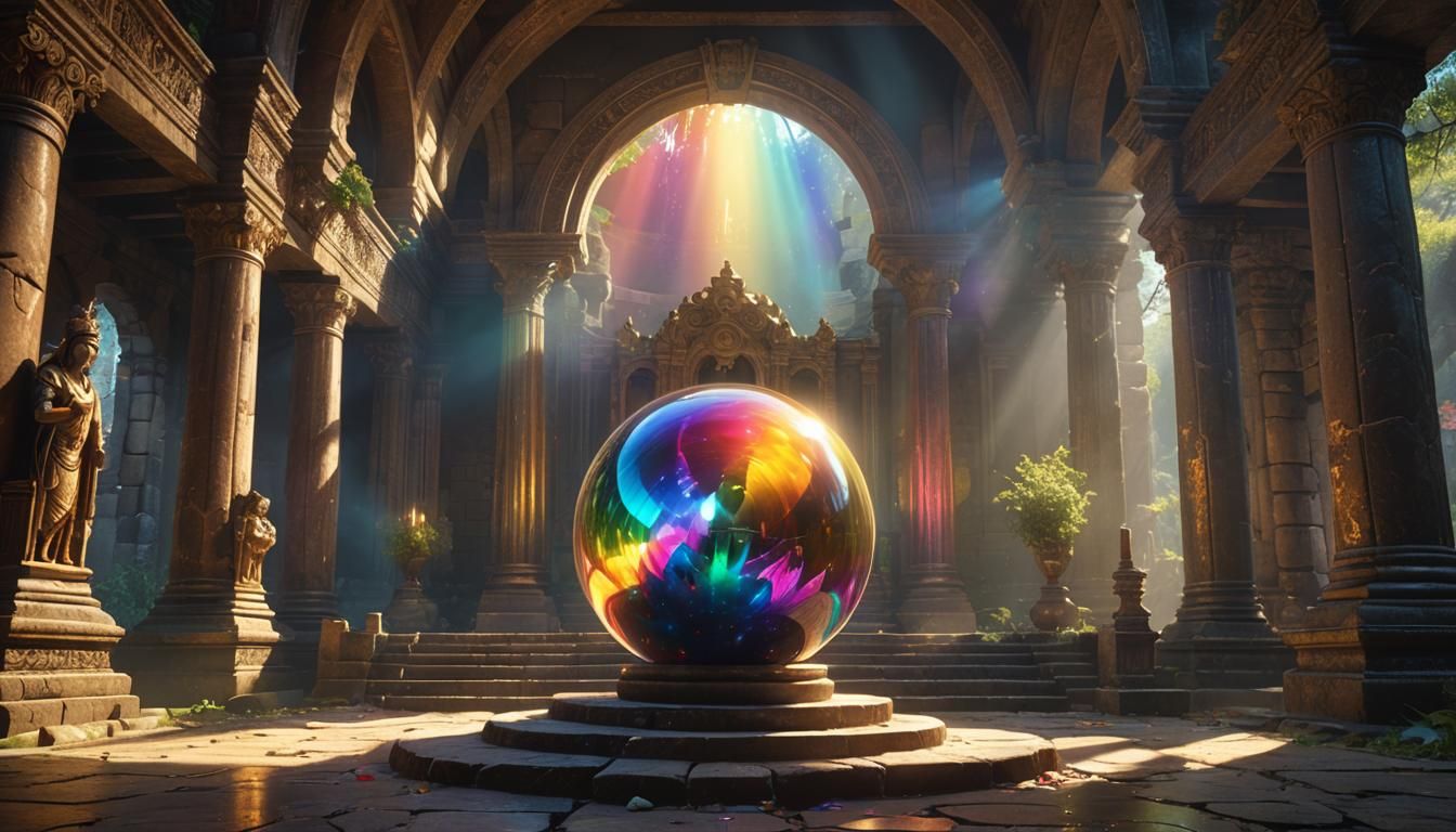 Enchanted Orb in Abandoned Temple with Rainbow Light