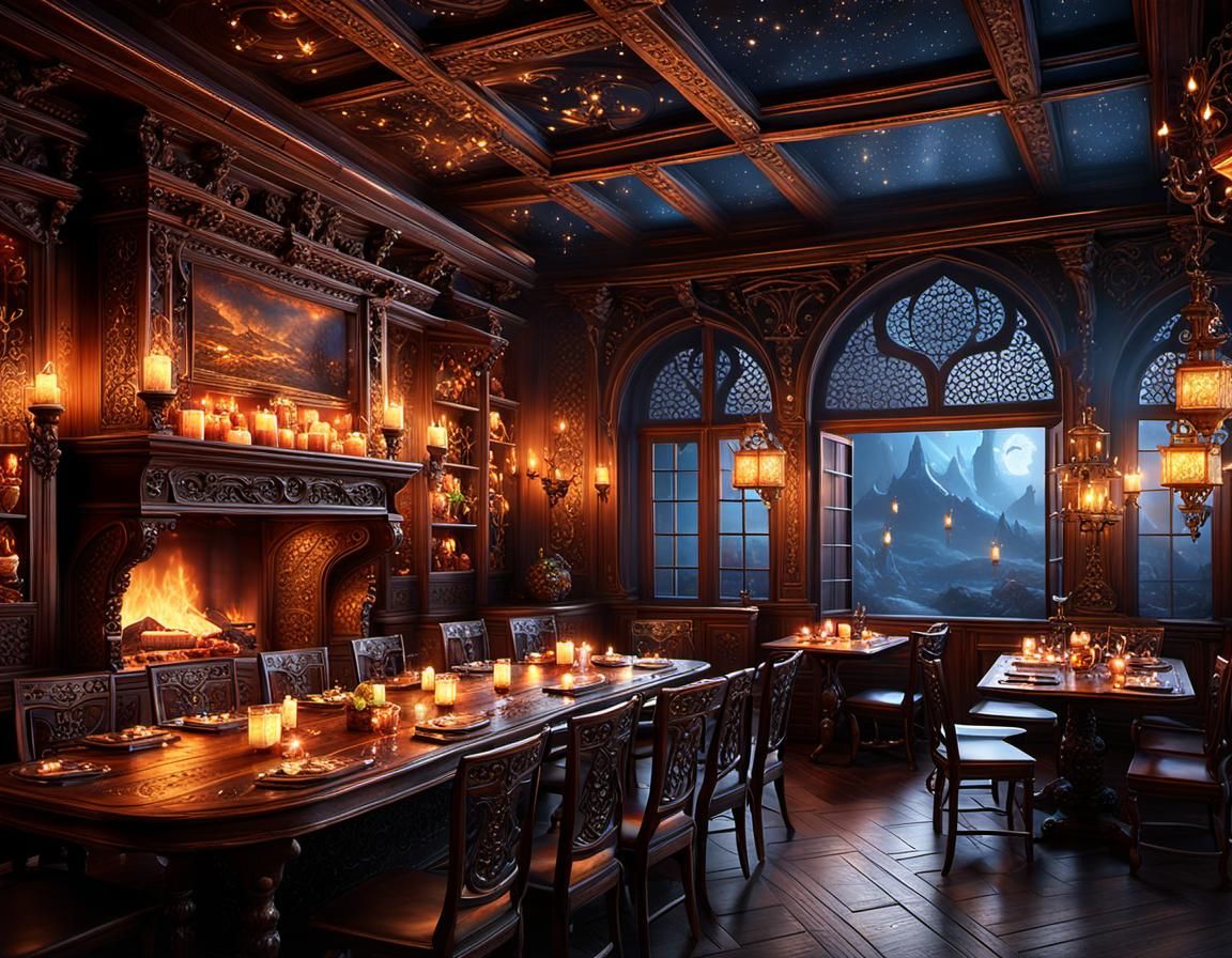 Warm Tavern Interior with Ethereal Mist