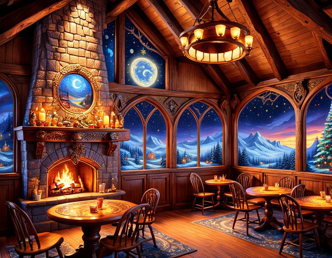 Cozy Tavern Interior with Fireplace and Starry Night