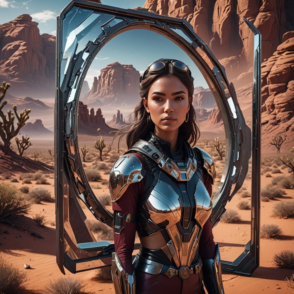 Girl Gazing into Mirror Reflecting Futuristic Desert