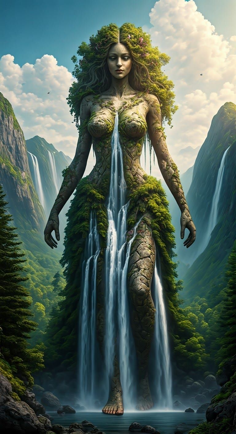 Beautiful Stone Giantess with Waterfall Hair and Dress