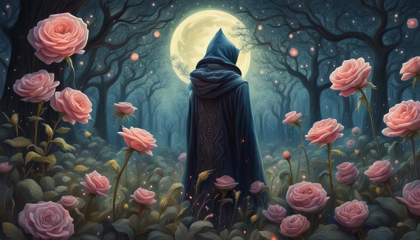 Hooded Magician in a Glowing Rose Forest