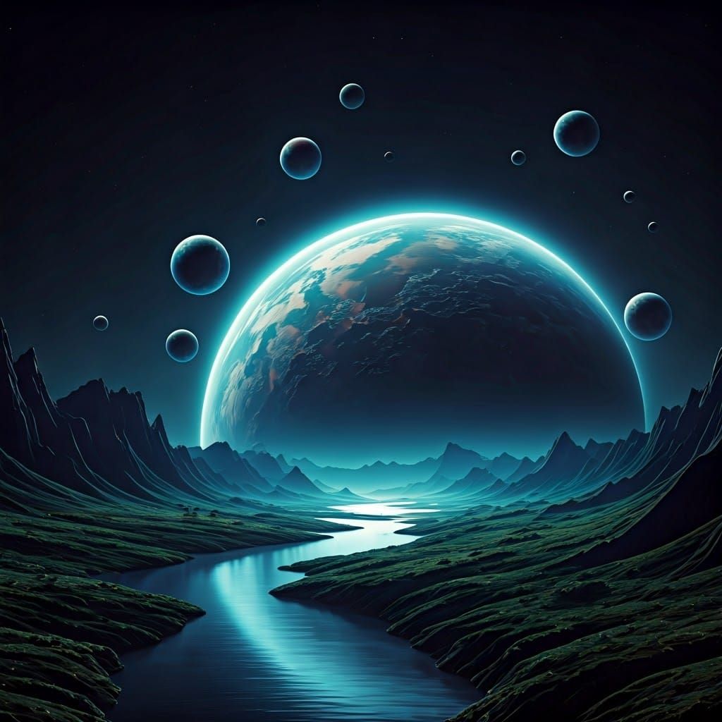 Exoplanet with Luminous Orbs in Sci-Fi Panorama