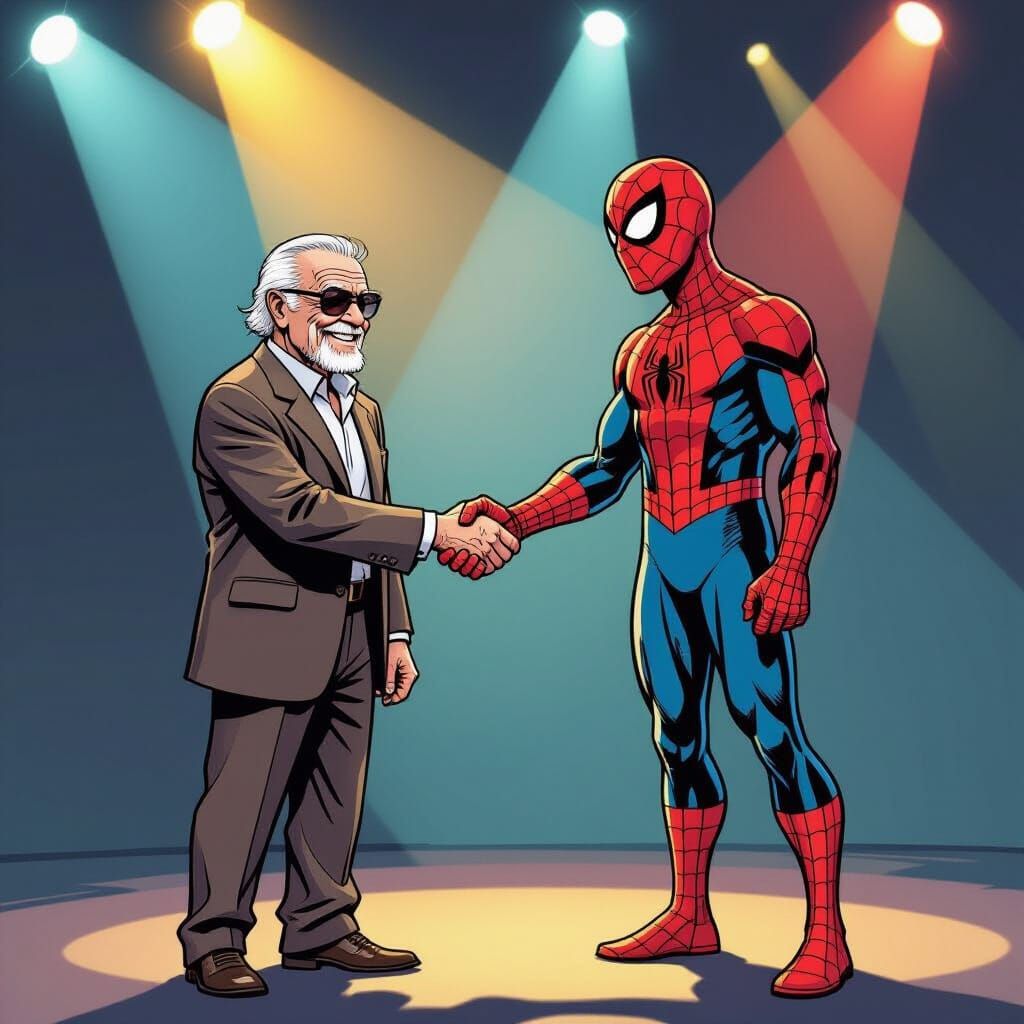 Stan Lee Meets Spider-Man on Stage in Comic Art Style