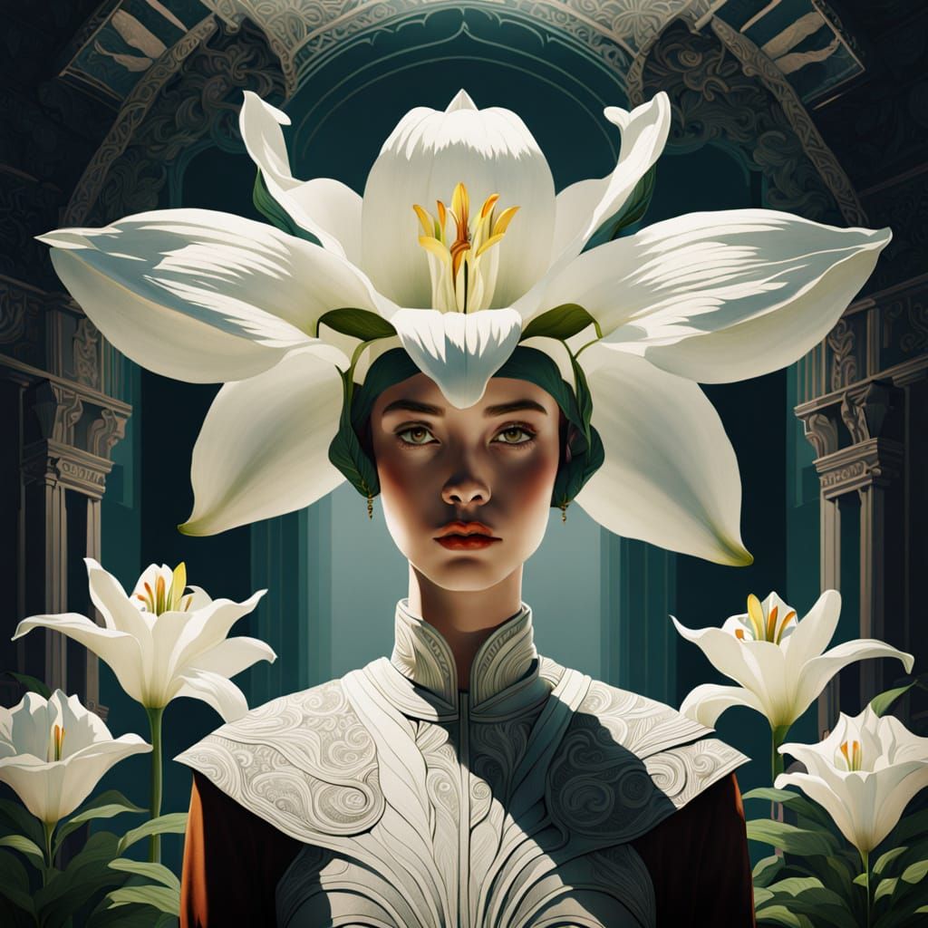 Surreal Art Deco Lady with Lily Head in Preraphaelite Style