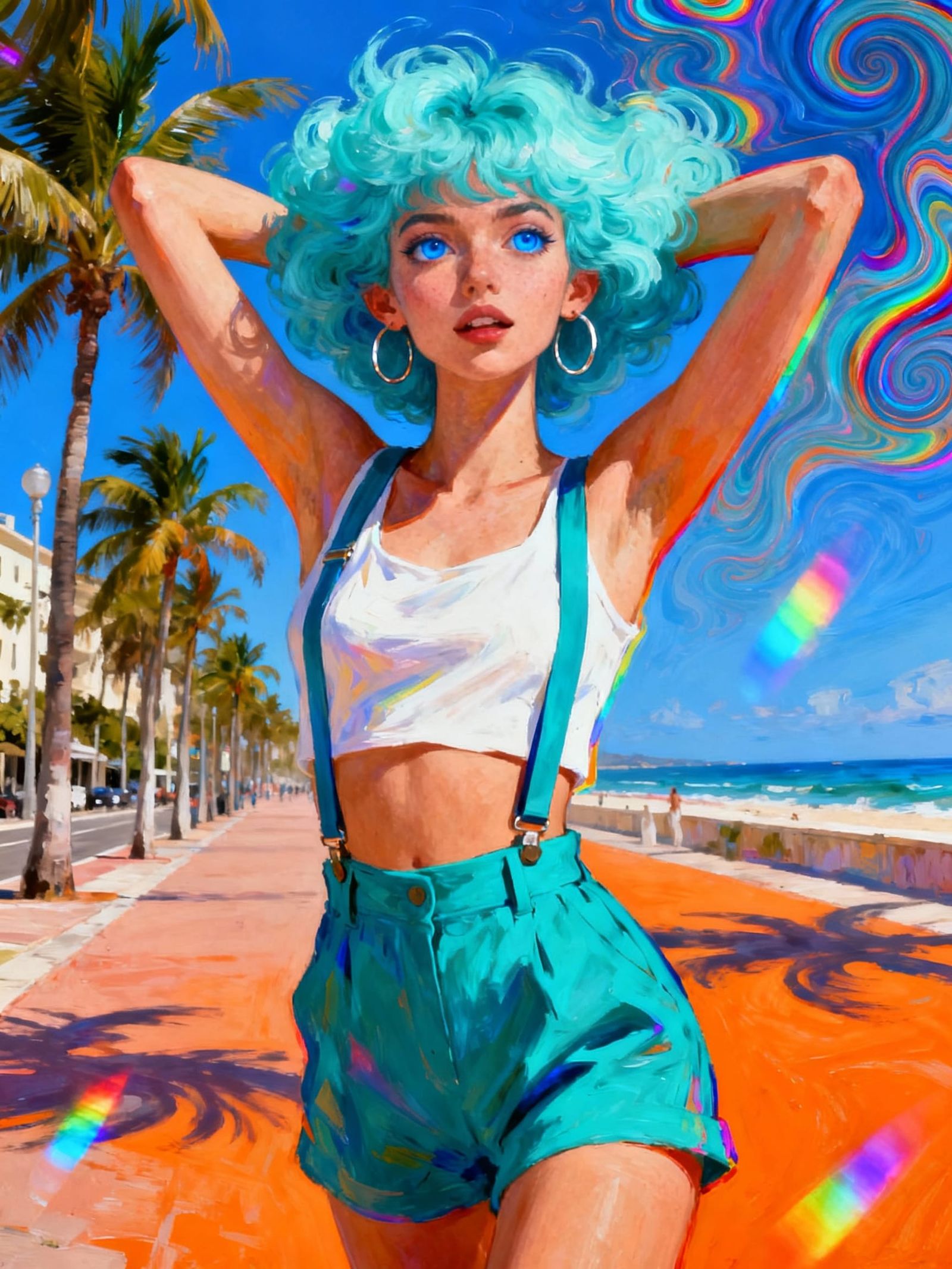 Expressionist Woman with Blue Hair Embraces Light