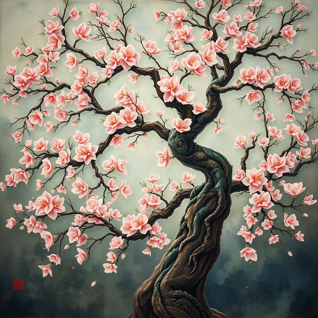 Surreal Gongbi Fantasy with Fairies and Pale Pink Flowers