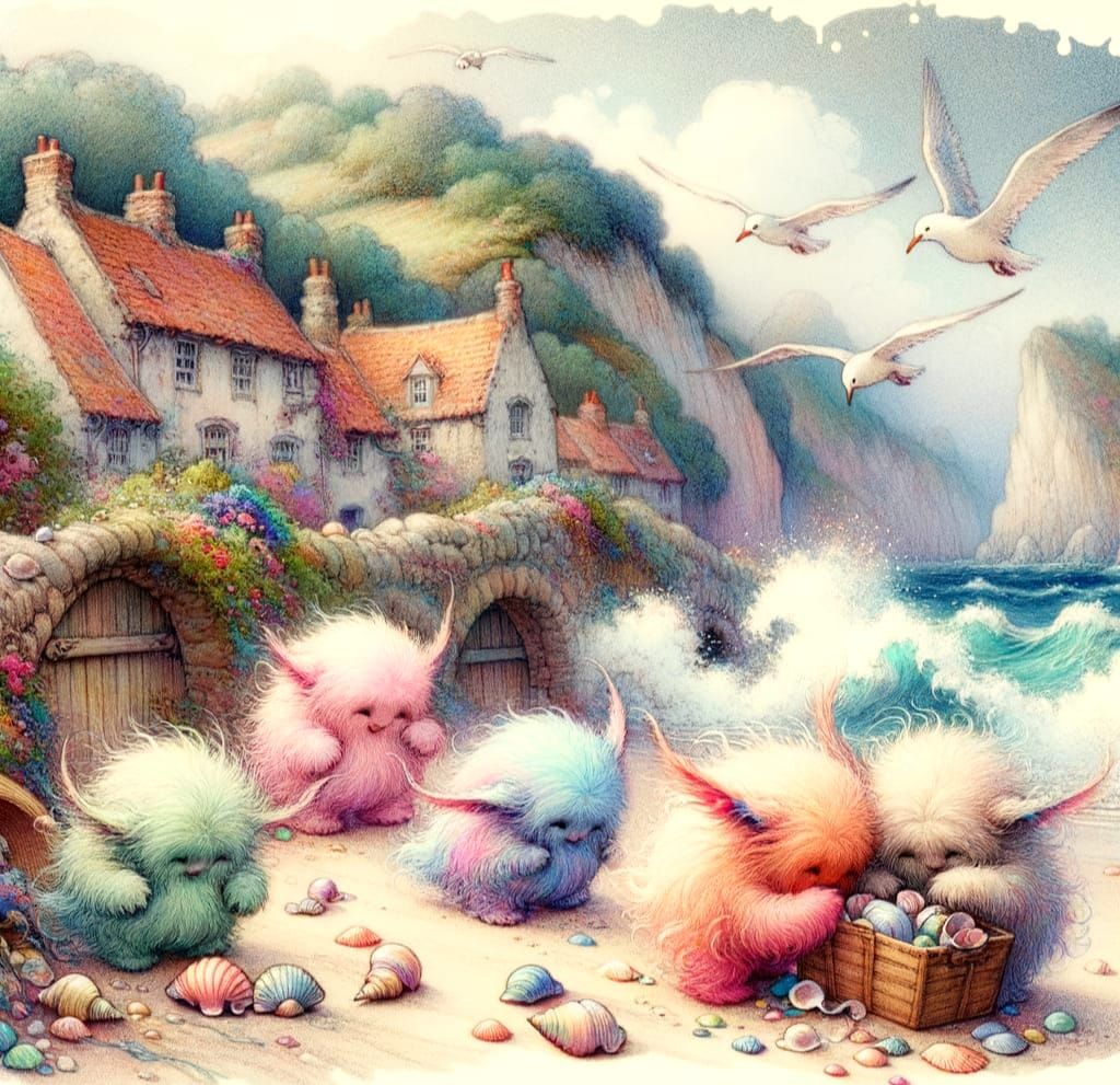 Whimsical Beach Scene with Fantasy Creatures Collecting Shel...