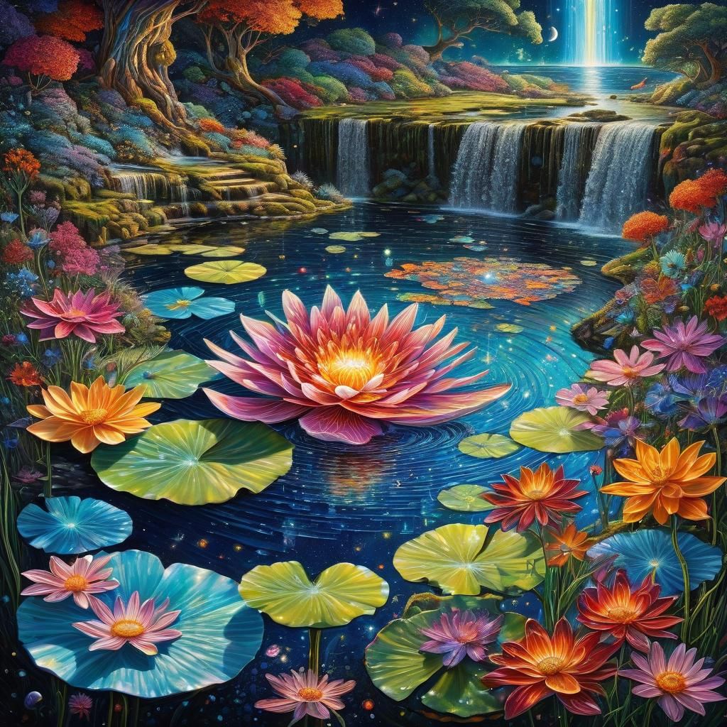 Whimsical Flower with Waterfall to Space, Oil Painting