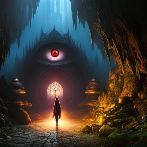 Gothic Horror Cave with Glowing Eyes