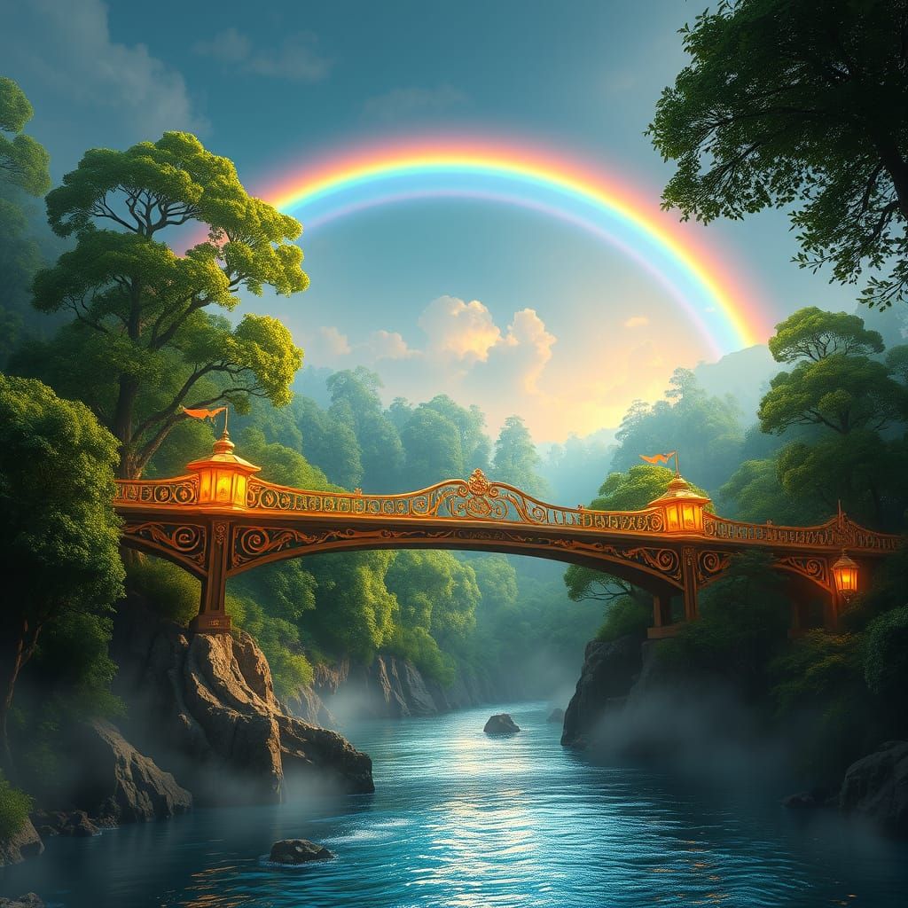 Majestic Golden Bridge Suspended Above Lush Forest Landscape