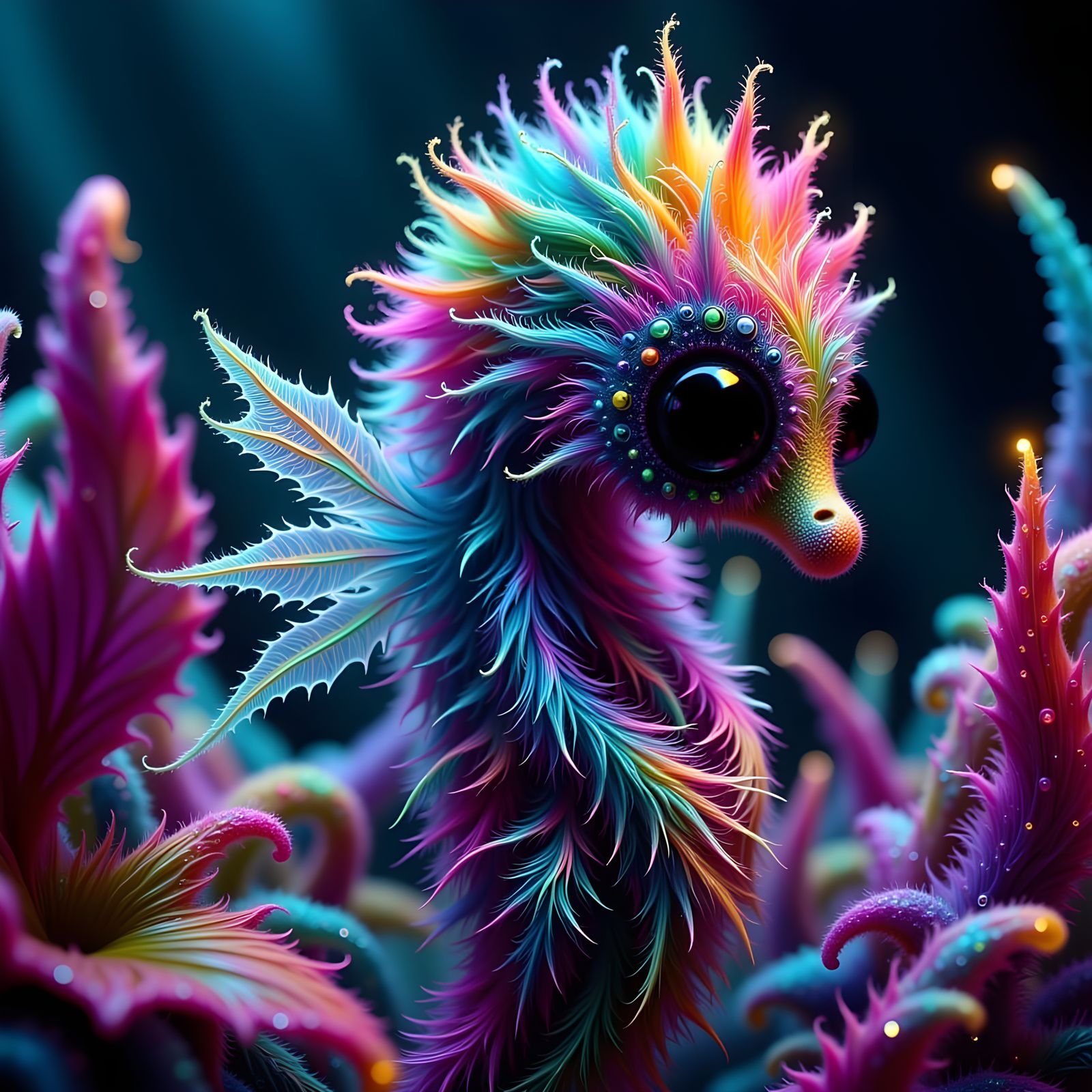 Glowing Rainbow Seahorse with Wings in Dark Crystal Cave