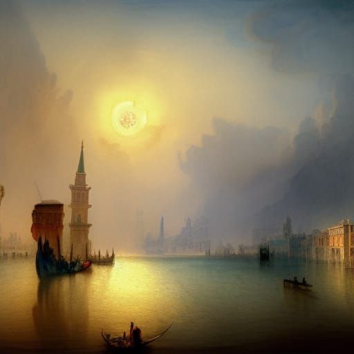 Venice Harbor Sunrise in Watercolor Style