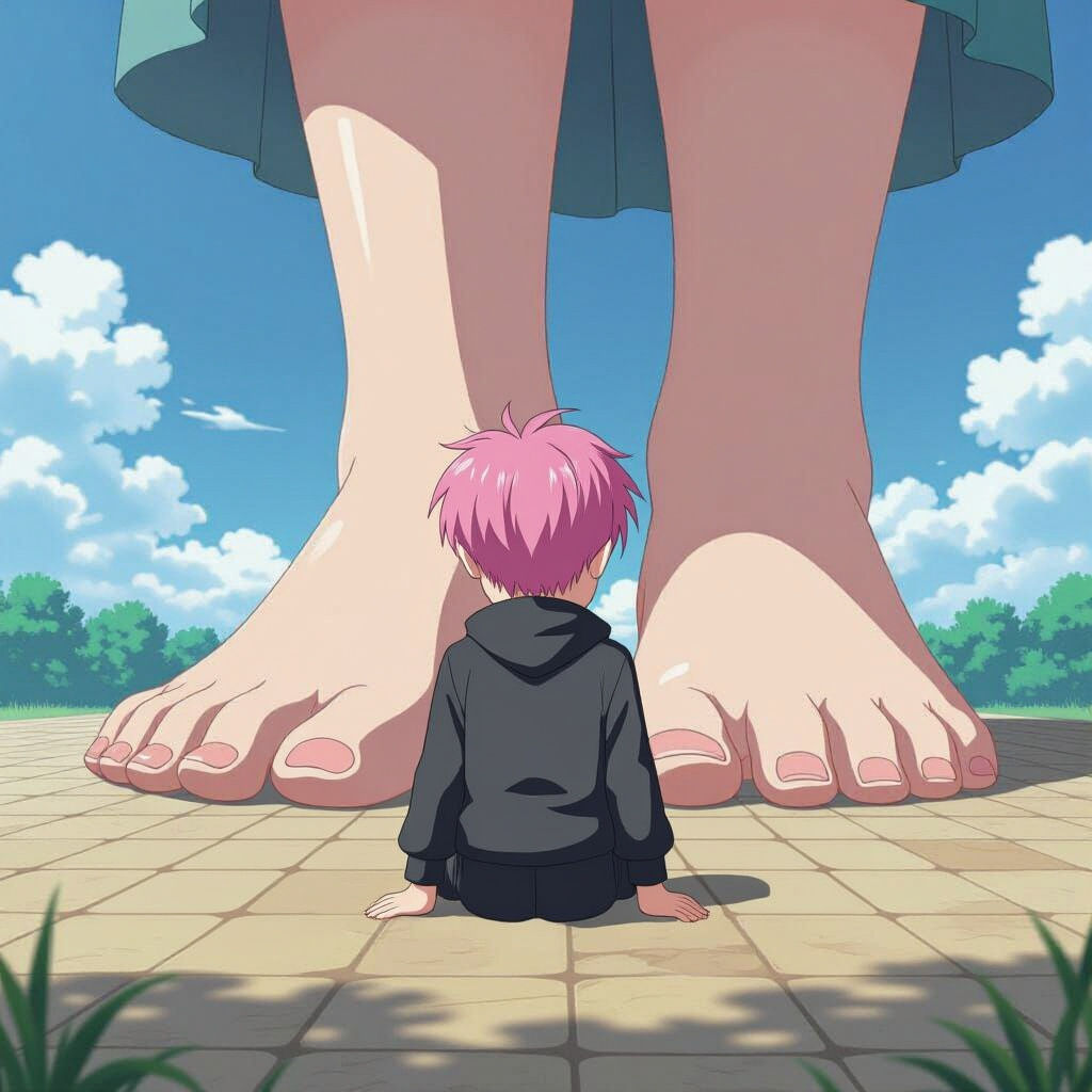 Giant Foot Crushing Tiny Boy in Anime Style