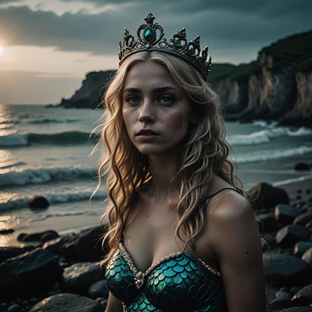 CGI Mermaid Portrait with Teal Fin and Pearl Crown