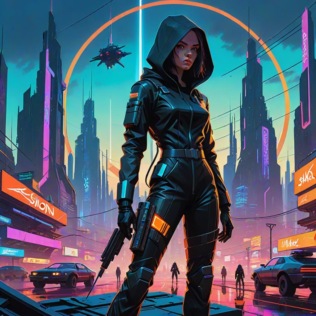 Futuristic Female Assassin Dominates Dystopian Cityscape